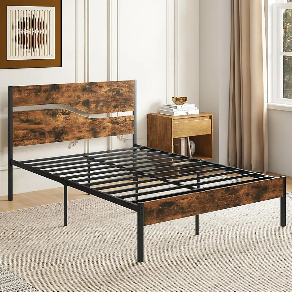 Giantex Cadre de Lit Double 140x200CM,avec Tête, Lattes en Métal,Espace de Rangement,Pas de Sommier Nécessaire,Brun Rustique,Charge 360KG Outlet