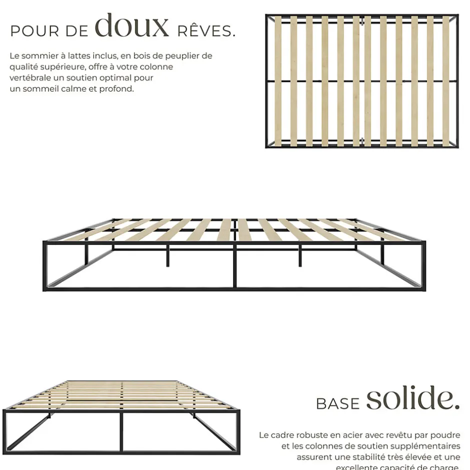Tectake Cadre de lit en acier sommier à lattes en bois de peuplier 200x140cm