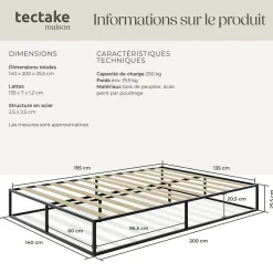 Tectake Cadre de lit en acier sommier à lattes en bois de peuplier 200x140cm