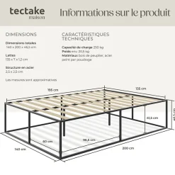 Tectake Cadre de lit en acier sommier à lattes en bois de peuplier 200x140cm New