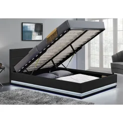 Concept Usine Cadre de lit en PU noir avec rangements et LED intégrées 140x190 cm NEW YORK