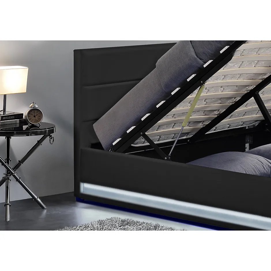 Concept Usine Cadre de lit en PU noir avec rangements et LED intégrées 140x190 cm NEW YORK