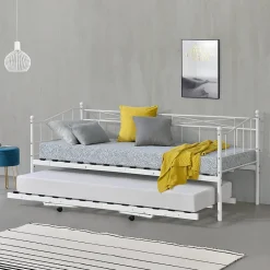 [En.Casa] Cadre de Lit Gigogne en Métal Skutskär Blanc 90x200cm en.casa