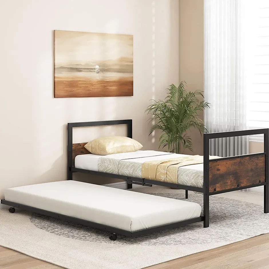 Giantex Cadre de Lit Gigogne Lot de 2 Lit Simple Banquette Lattes Métalliques Tête et Pied de Lit Peu Encombrant Pieds Pliants Hot