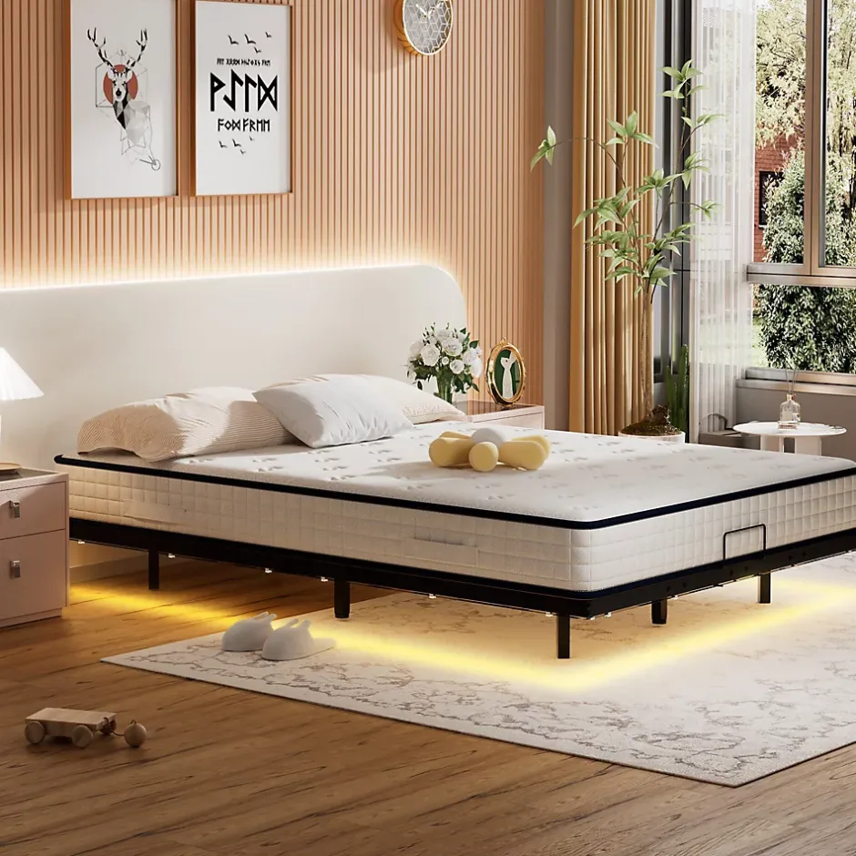 Generique Cadre de lit LED en métal 180x200 cm, hauteur 20 cm, cadre flottant, pieds dissimulés, noir Sale