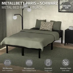 Ml-Design Cadre de lit noir en métal 120x200cm avec sommier à lattes matelas H:16 cm New