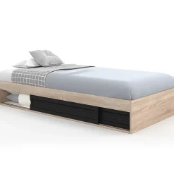 IDMarket Cadre de lit simple SALEM avec rangement et sommier 90 x 190 CM façon hêtre et noir Sale