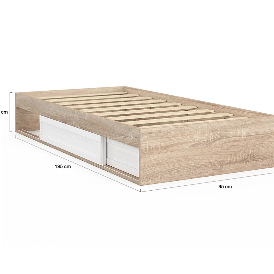 IDMarket Cadre de lit simple SALEM avec rangement et sommier 90 x 190 CM façon hêtre et blanc