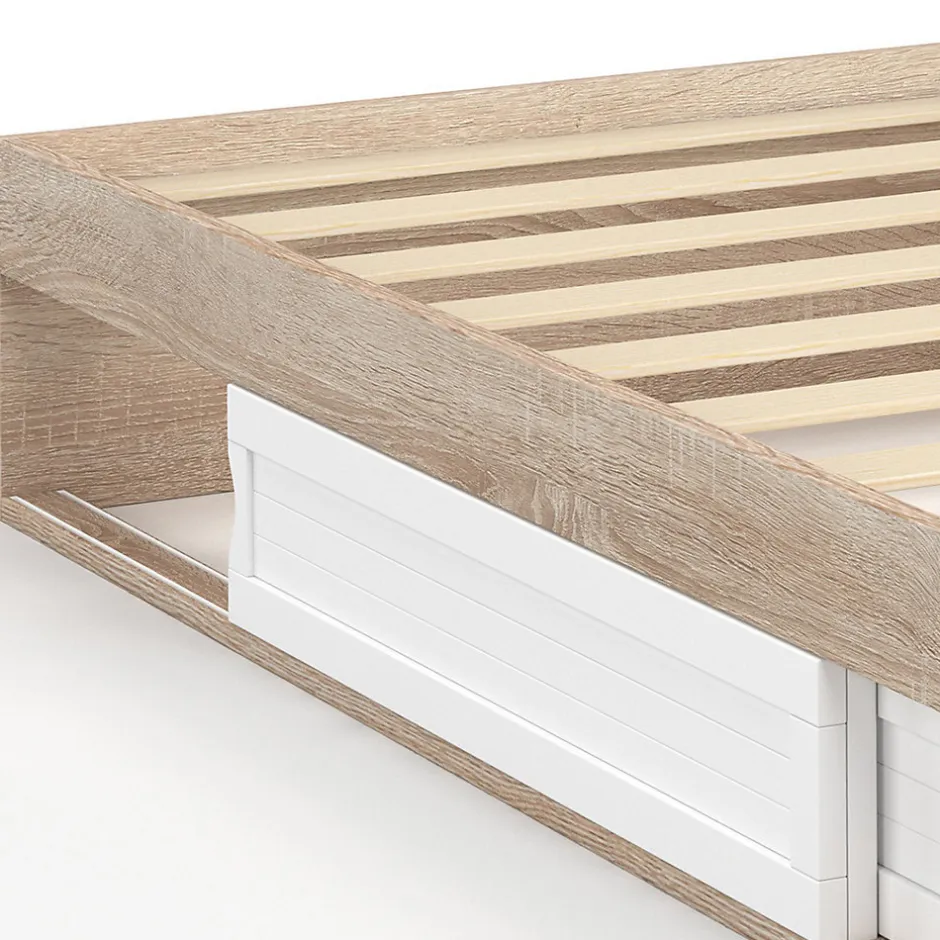 IDMarket Cadre de lit simple SALEM avec rangement et sommier 90 x 190 CM façon hêtre et blanc