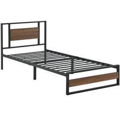 [En.Casa] Cadre de Lit Simple Villach en Métal 90 x 200 cm Noir Mat Effet Noyer en.casa
