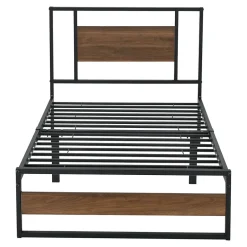 [En.Casa] Cadre de Lit Simple Villach en Métal 90 x 200 cm Noir Mat Effet Noyer en.casa