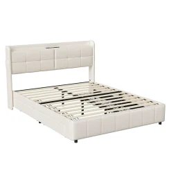Fortuna lai Cadre de lit 160x200cm, à lattes, fonction de chargement USB, tiroirs, cuir PU, blanc
