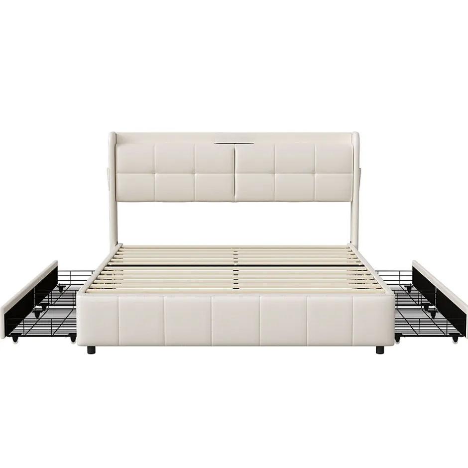 Fortuna lai Cadre de lit 160x200cm, à lattes, fonction de chargement USB, tiroirs, cuir PU, blanc
