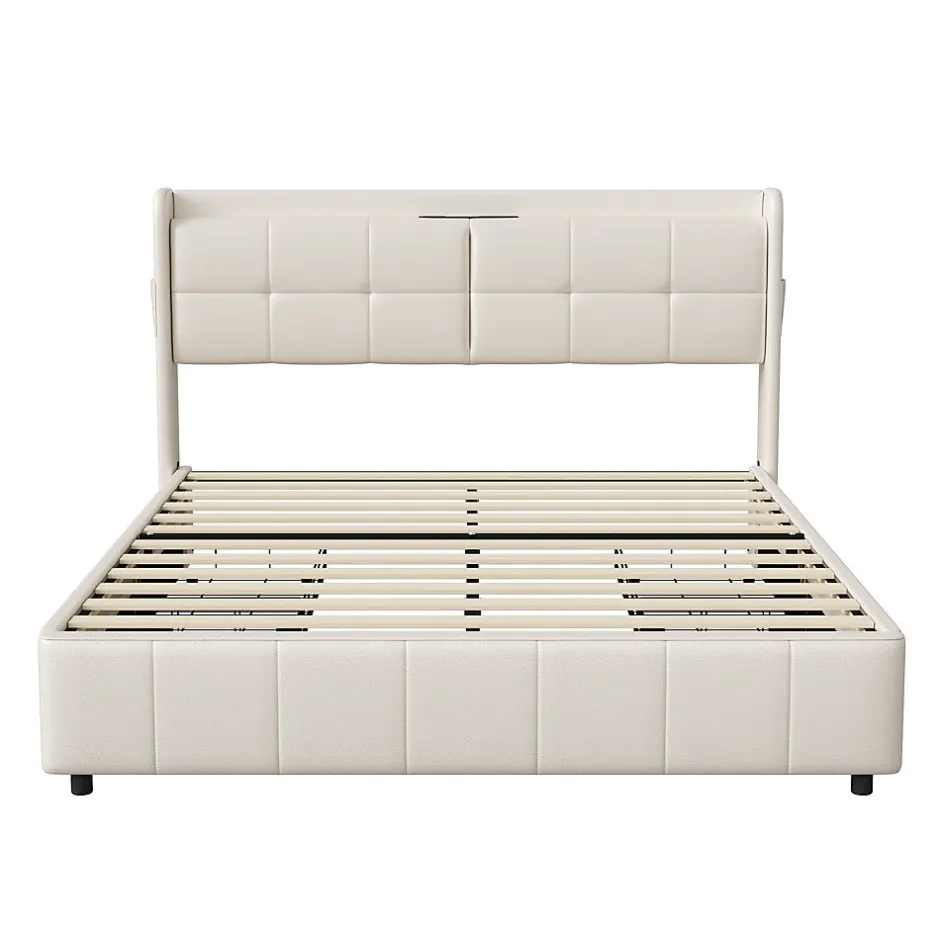 Fortuna lai Cadre de lit 160x200cm, à lattes, fonction de chargement USB, tiroirs, cuir PU, blanc