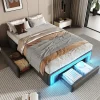 Simple Life Cadre de lit 90x200cm sans tête, LED, PU, plateforme métal avec tiroirs, gris