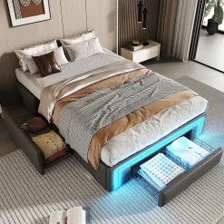 Simple Life Cadre de lit 90x200cm sans tête, LED, PU, plateforme métal avec tiroirs, gris