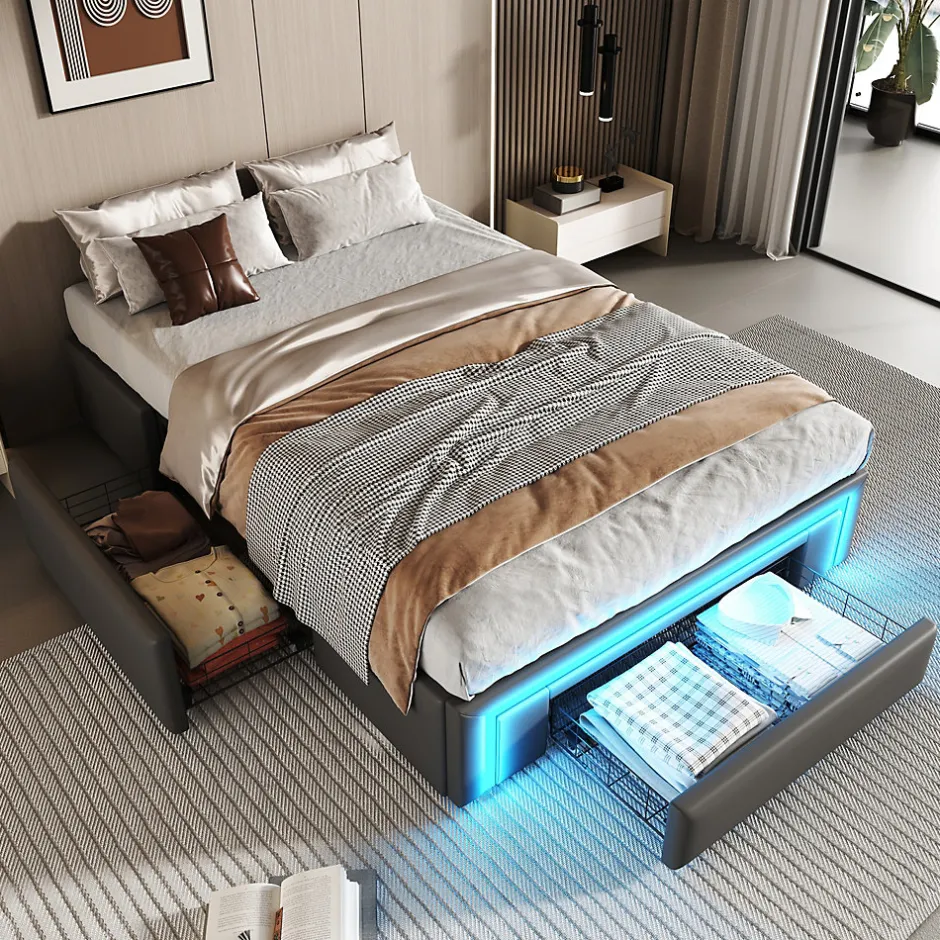 Simple Life Cadre de lit 90x200cm sans tête, LED, PU, plateforme métal avec tiroirs, gris