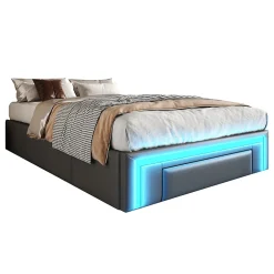 Simple Life Cadre de lit 90x200cm sans tête, LED, PU, plateforme métal avec tiroirs, gris