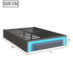 Simple Life Cadre de lit 90x200cm sans tête, LED, PU, plateforme métal avec tiroirs, gris