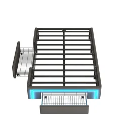 Simple Life Cadre de lit 90x200cm sans tête, LED, PU, plateforme métal avec tiroirs, gris