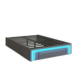 Simple Life Cadre de lit 90x200cm sans tête, LED, PU, plateforme métal avec tiroirs, gris