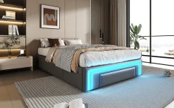 Simple Life Cadre de lit 90x200cm sans tête, LED, PU, plateforme métal avec tiroirs, gris