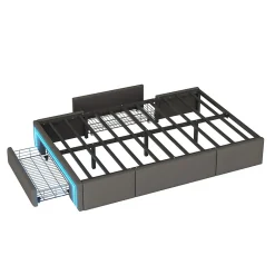 Simple Life Cadre de lit 90x200cm sans tête, LED, PU, plateforme métal avec tiroirs, gris