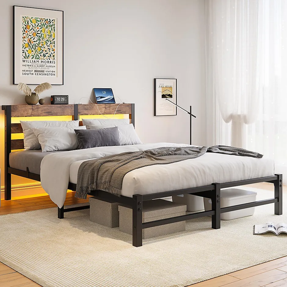 Blackcolors Cadre lit LED 140x200 cm, recharge USB, rangement sous matelas, métal