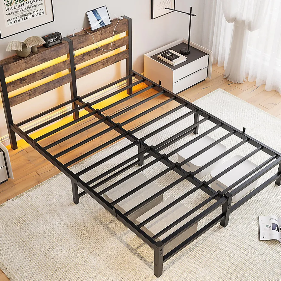 Blackcolors Cadre lit LED 140x200 cm, recharge USB, rangement sous matelas, métal