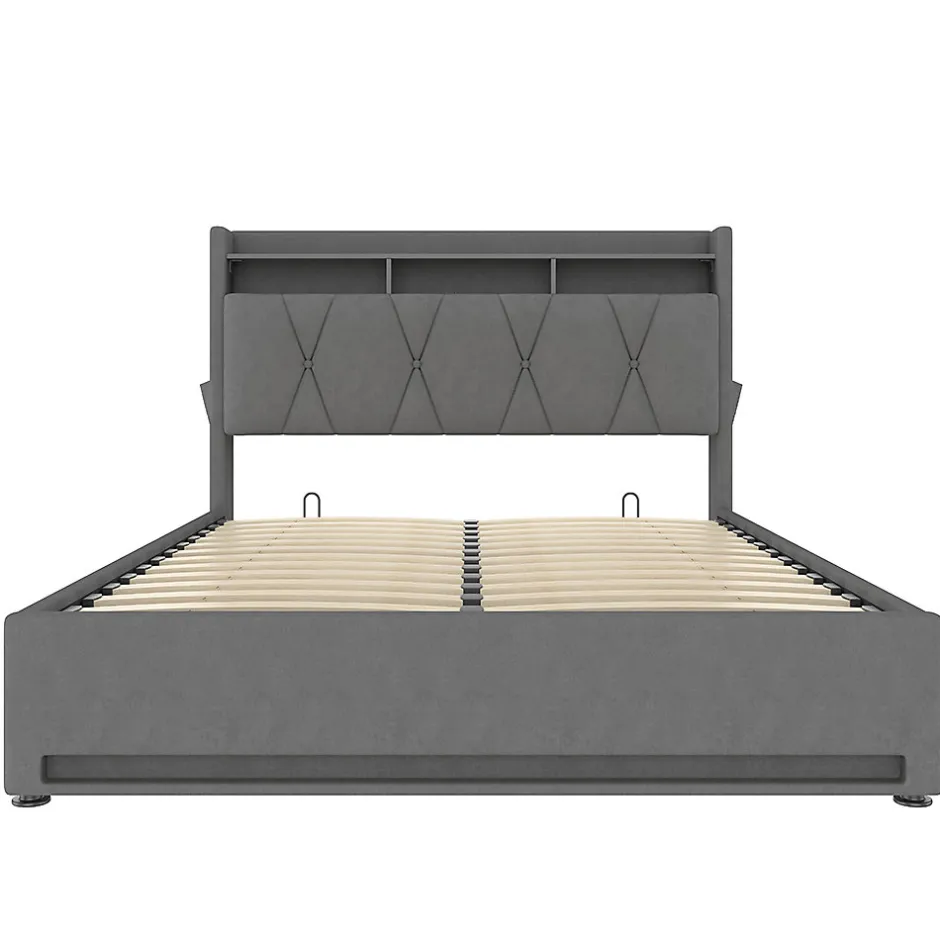 Blackcolors Cadre lit rembourré 160x200 cm, LED, USB-C, rangement hydraulique sous lit - gris