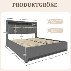 Blackcolors Cadre lit rembourré 160x200 cm, LED, USB-C, rangement hydraulique sous lit - gris
