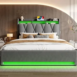 Blackcolors Cadre lit rembourré 160x200 cm, LED, USB-C, rangement hydraulique sous lit - gris