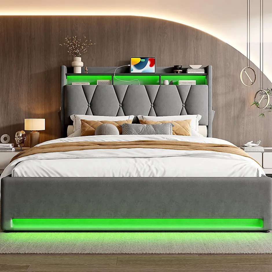 Blackcolors Cadre lit rembourré 160x200 cm, LED, USB-C, rangement hydraulique sous lit - gris