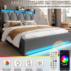 Blackcolors Cadre lit rembourré 160x200 cm, LED, USB-C, rangement hydraulique sous lit - gris