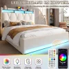 Blackcolors Cadre lit rembourré 140x200 cm, LED, USB-C, rangement hydraulique sous lit - beige Discount