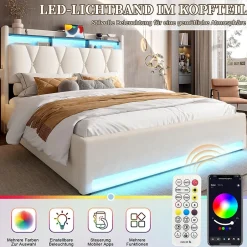 Blackcolors Cadre lit rembourré 140x200 cm, LED, USB-C, rangement hydraulique sous lit - beige Discount