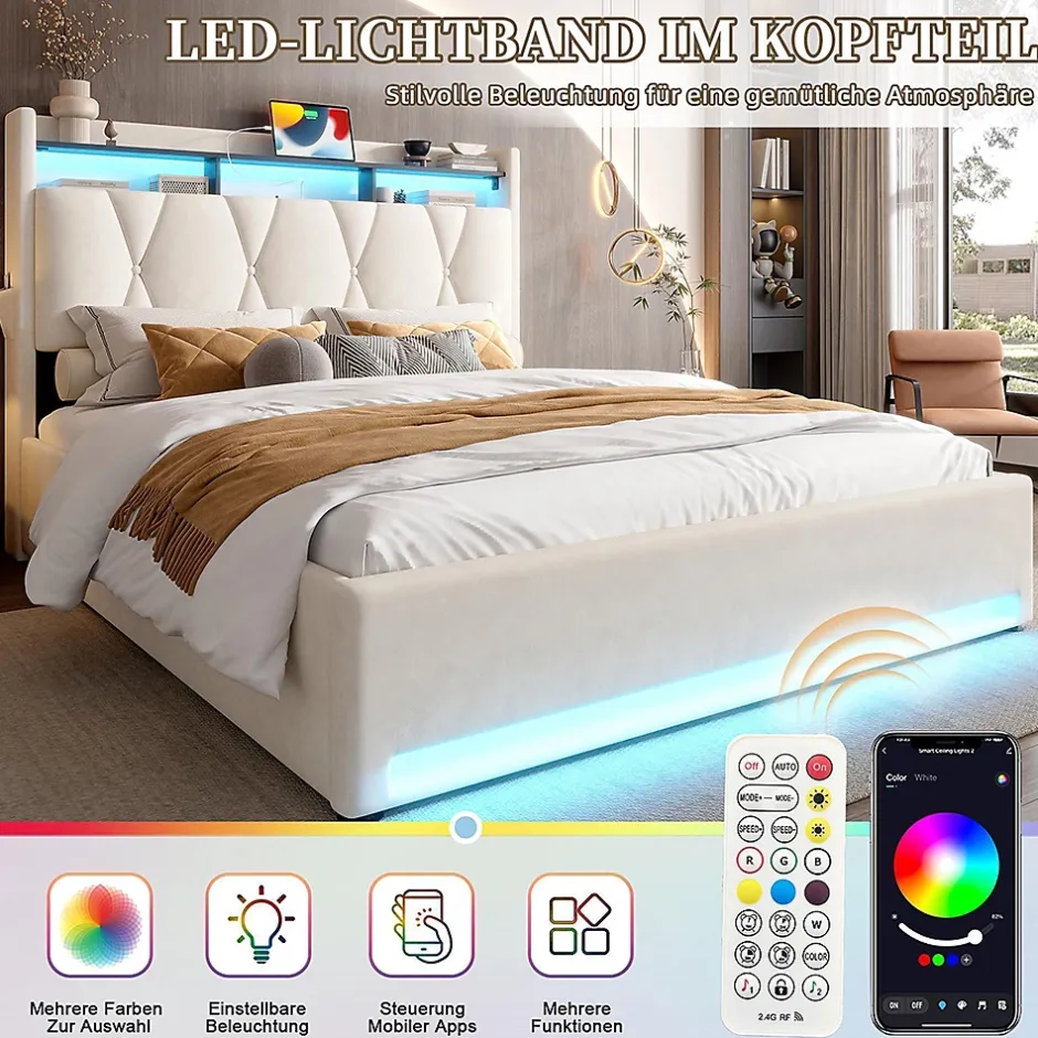 Blackcolors Cadre lit rembourré 140x200 cm, LED, USB-C, rangement hydraulique sous lit - beige Discount