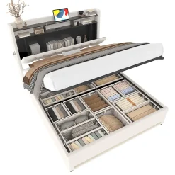 Blackcolors Cadre lit rembourré 140x200 cm, LED, USB-C, rangement hydraulique sous lit - beige Discount