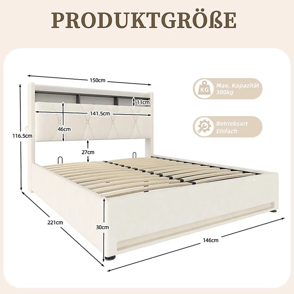 Blackcolors Cadre lit rembourré 140x200 cm, LED, USB-C, rangement hydraulique sous lit - beige Discount