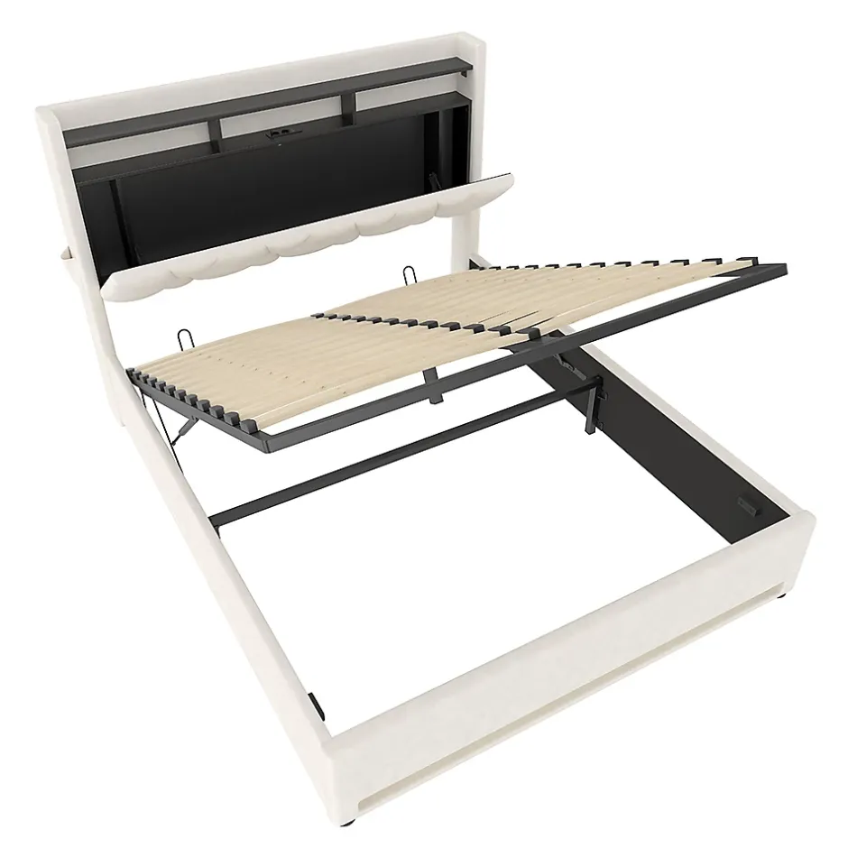 Blackcolors Cadre lit rembourré 140x200 cm, LED, USB-C, rangement hydraulique sous lit - beige Discount