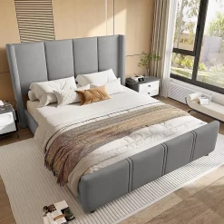 Blackcolors Cadre lit rembourré 140x190 cm, tête/pied hauts, USB, fer/bois - gris