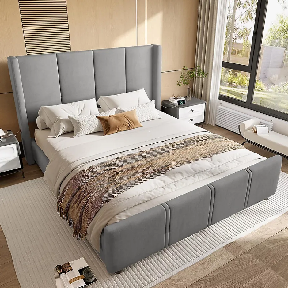 Blackcolors Cadre lit rembourré 140x190 cm, tête/pied hauts, USB, fer/bois - gris
