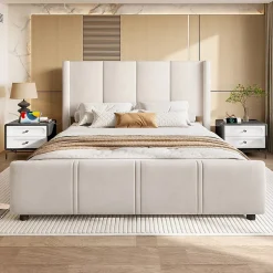 Blackcolors Cadre lit 140x200cm, tête/pied hauts, USB, fer + bois, beige Hot