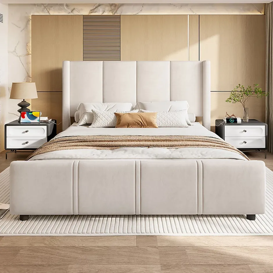 Blackcolors Cadre lit 140x200cm, tête/pied hauts, USB, fer + bois, beige Hot