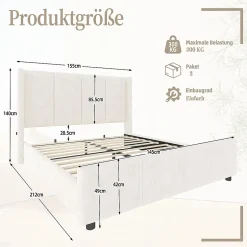 Blackcolors Cadre lit 140x200cm, tête/pied hauts, USB, fer + bois, beige Hot