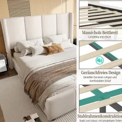 Blackcolors Cadre lit 140x200cm, tête/pied hauts, USB, fer + bois, beige Hot