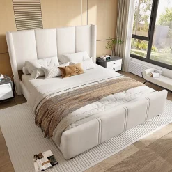 Blackcolors Cadre lit 140x200cm, tête/pied hauts, USB, fer + bois, beige Hot