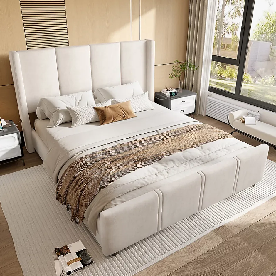 Blackcolors Cadre lit 140x200cm, tête/pied hauts, USB, fer + bois, beige Hot
