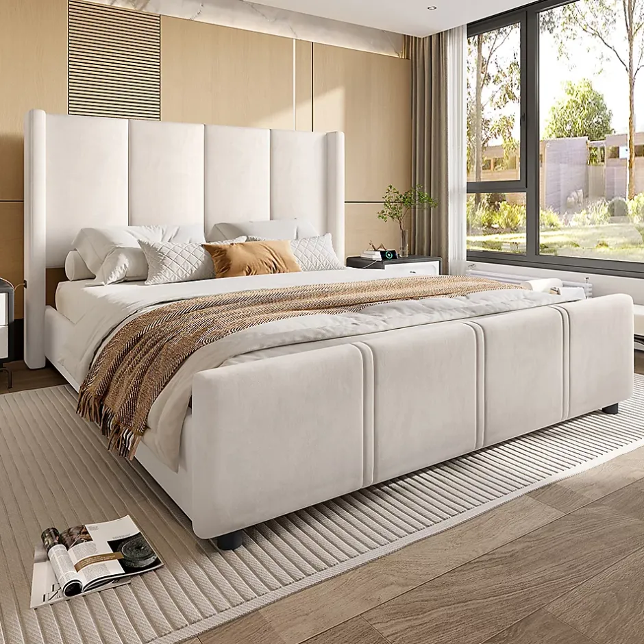 Blackcolors Cadre lit 140x200cm, tête/pied hauts, USB, fer + bois, beige Hot