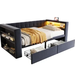 Redom Canapé 3 places convertible 200x90x85 cm avec couchage 140x190 cm, coffre de rangement, tissu gris design